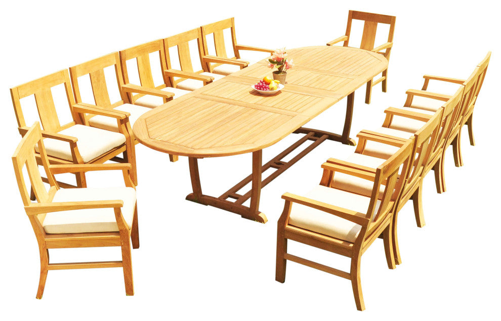 13-Piece Outdoor Teak Dining Set: 117" Masc Extn Oval Table, 12 Osbo Arm Chairs