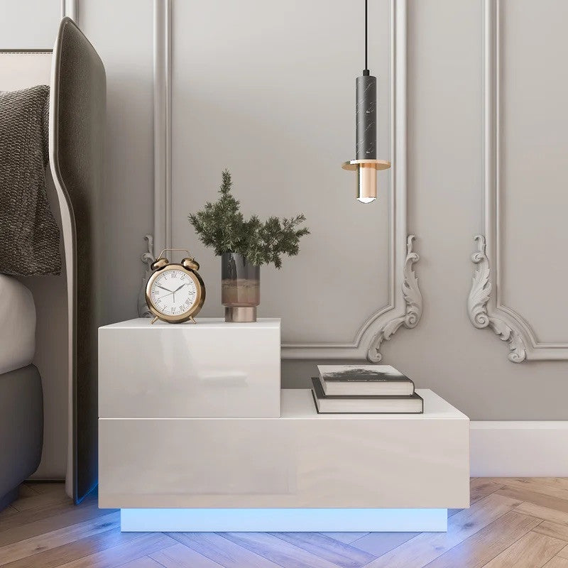 Lilly Modern LED Light Nightstand w/2 Drawers, White