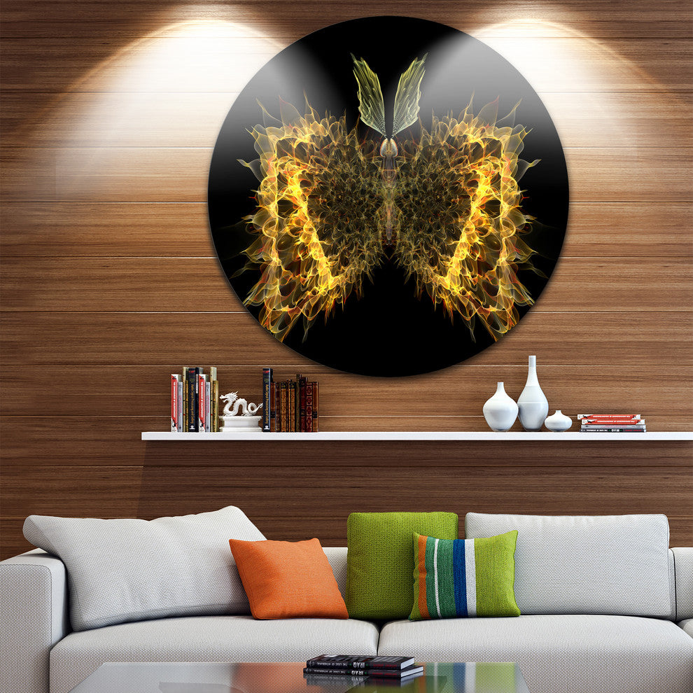 Golden Fractal Butterfly In Dark, Abstract Art Disc Metal Artwork, 38"