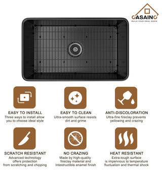 Fireclay Single Bowl Farmhouse Apron Kitchen Sink with Pull Down Kitchen Faucet, 33