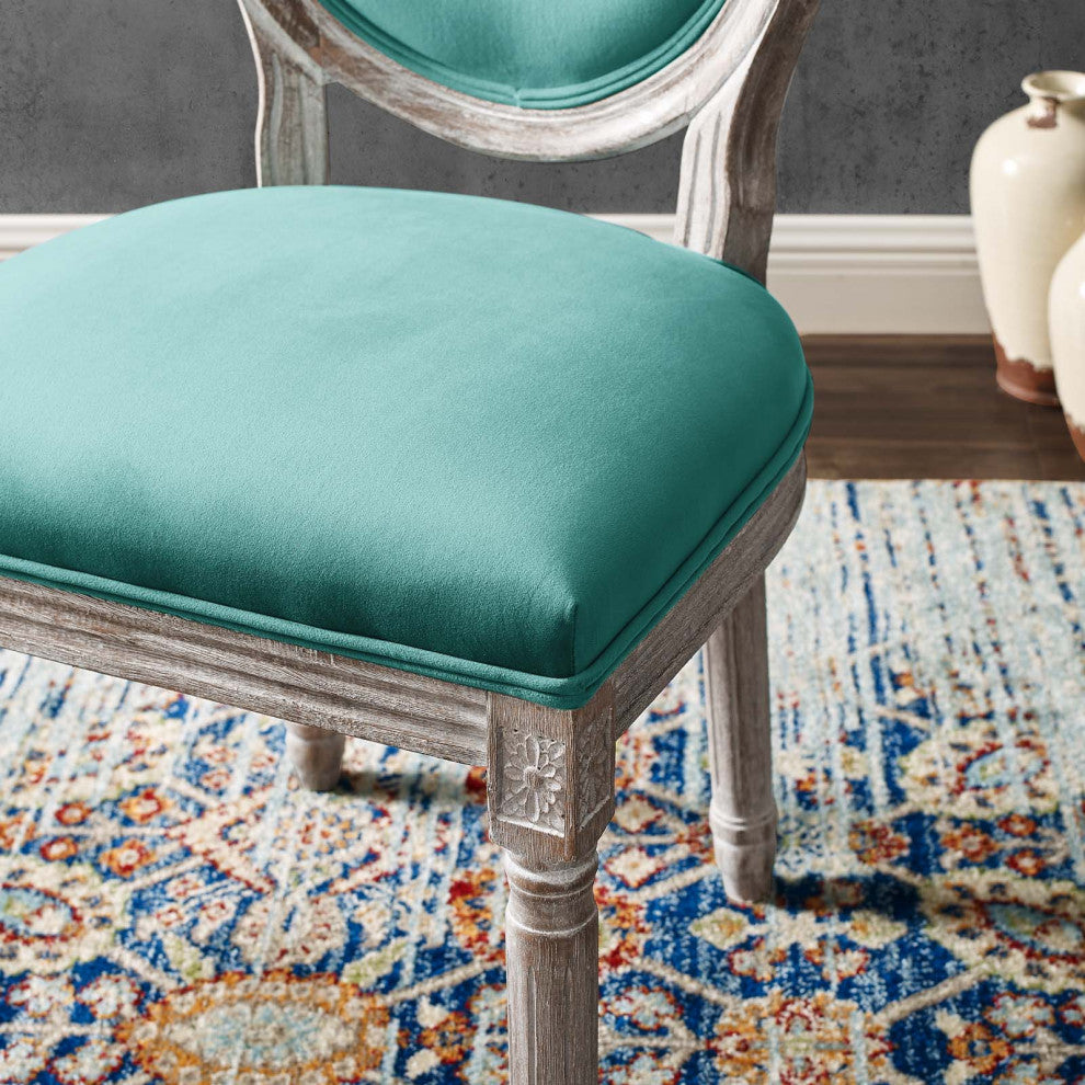 French Vintage Side Dining Chair, Velvet, Wood, Brown Natural Blue, Modern