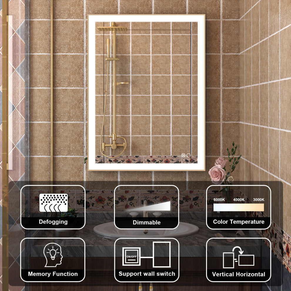 Framed LED Lighted Bathroom Vanity Mirror With Defogger, Gold, 24"x32"