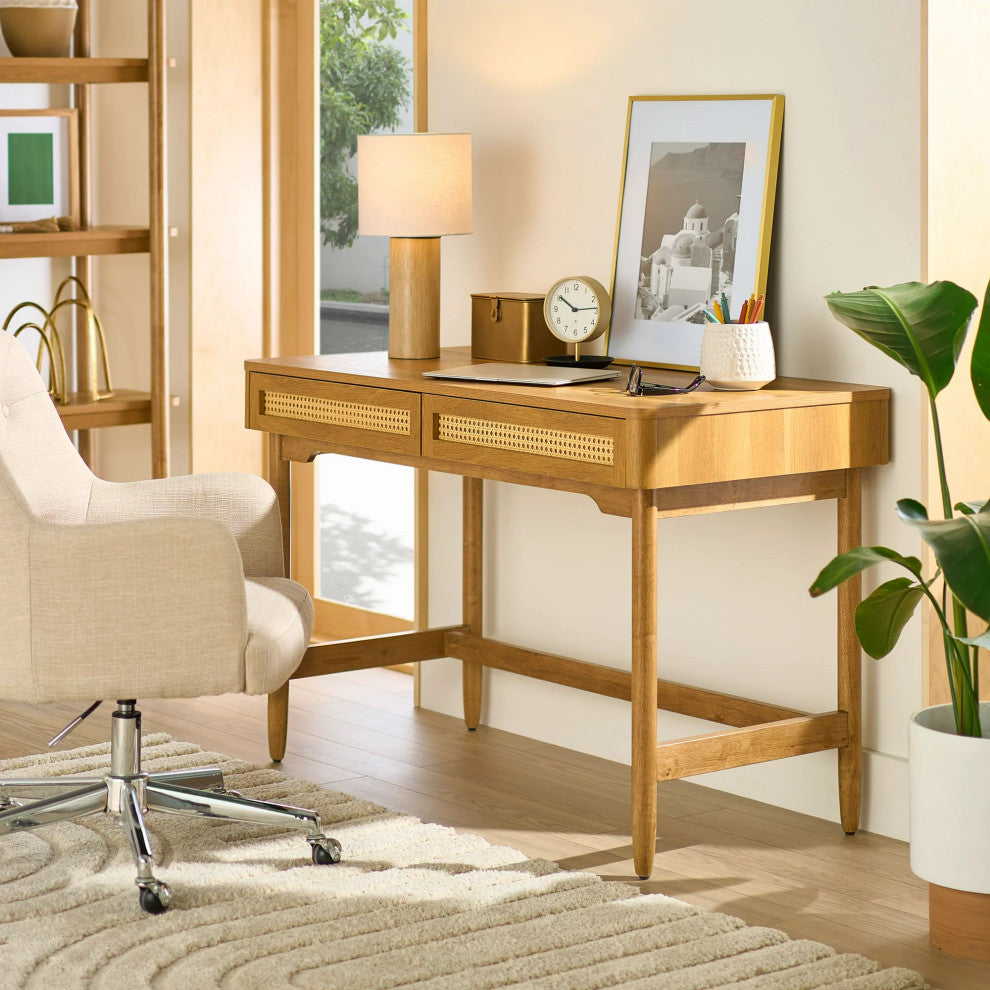 Modern Desk, Rubberwood Legs With Storage Drawers & Cut Out Pulls, Light Honey