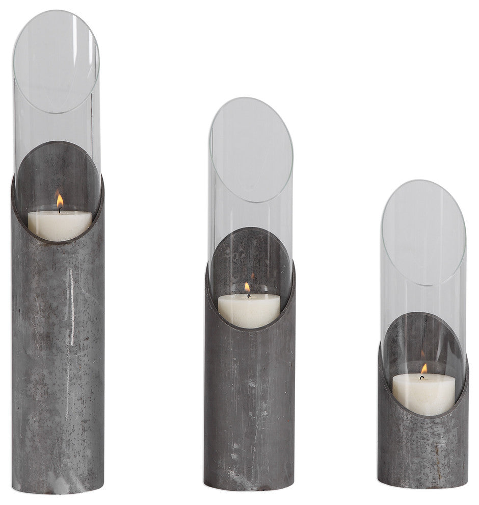 Rustic Modern Raw Iron Pillar Candle Holder Set 3| Cylinder Hurricane
