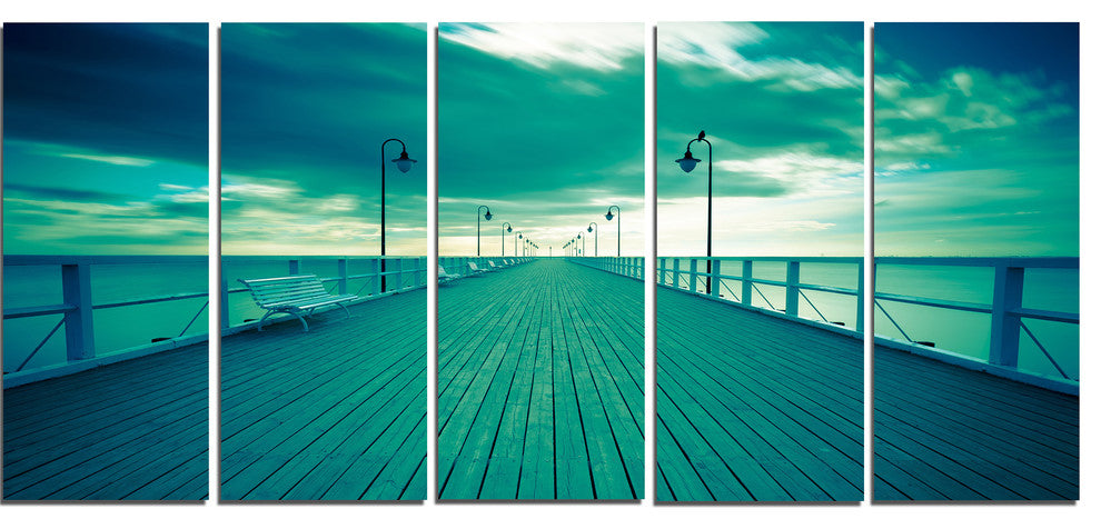 Blue Seascape With Wooden Pier, Bridge Canvas Art Print, 60"x28", 5 Panels