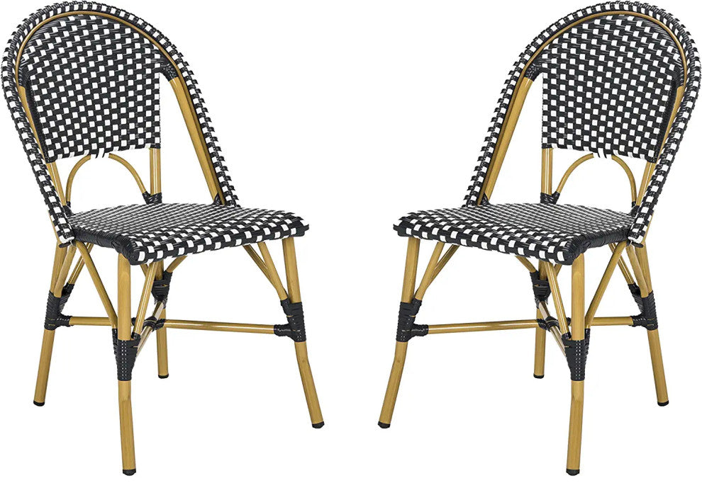 2 Pack Patio Side Chairs with Aluminum Frame and Woven Wicker Seat, Black/White