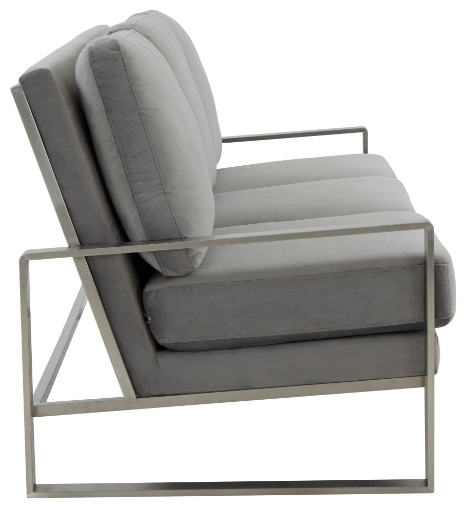 LeisureMod Jefferson Modern Design Velvet Sofa With Silver Frame, Light Gray