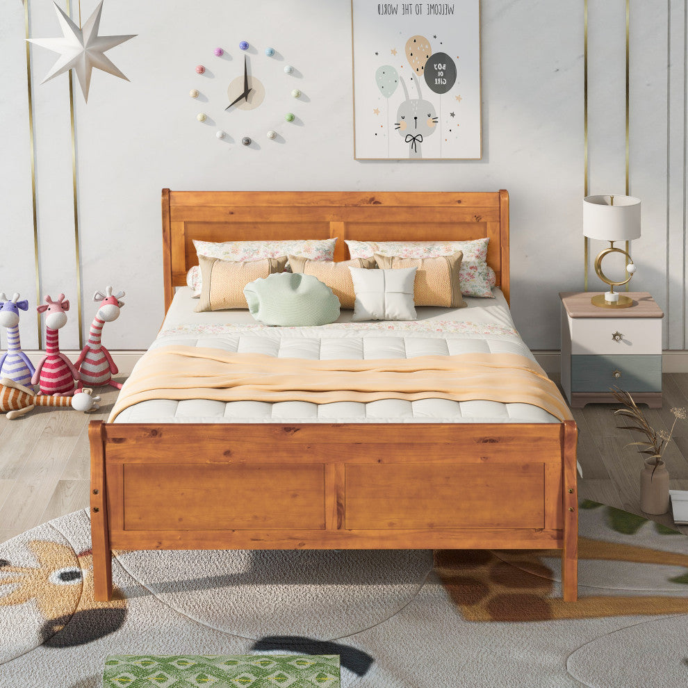 Gewnee Full Size Wood Platform Bed with Headboard in Oak