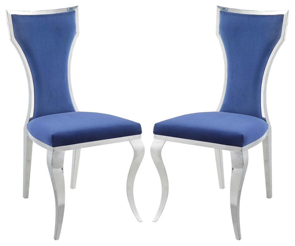 Side Chair, Set of 2, Blue Velvet and Mirroed Silver Finish, Azriel