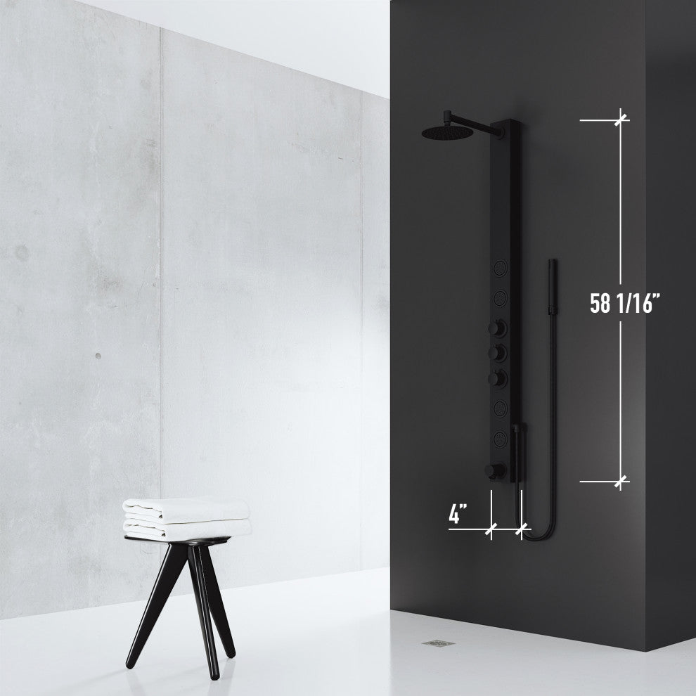 Bowery 58" H x 4" W 4-Jet Shower Panel with Round Shower Head and Tub Filler, Matte Black