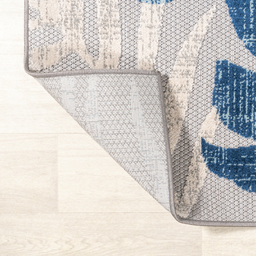 Monstera Tropical Leaf High-Low Indoor/Outdoor Area Rug, Light Gray/Navy, 2 X 8