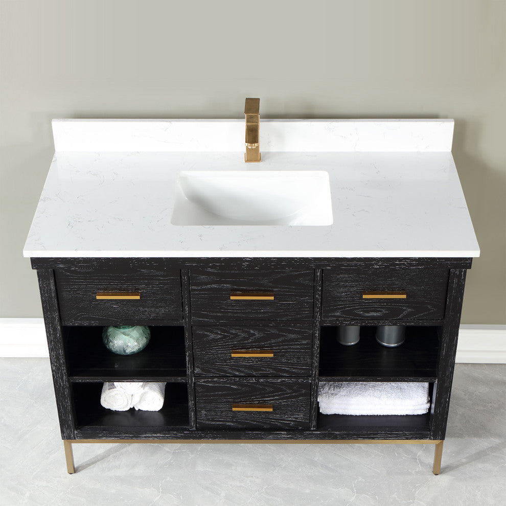 Kesia Black Oak Bathroom Vanity Set, 48", Without Mirror