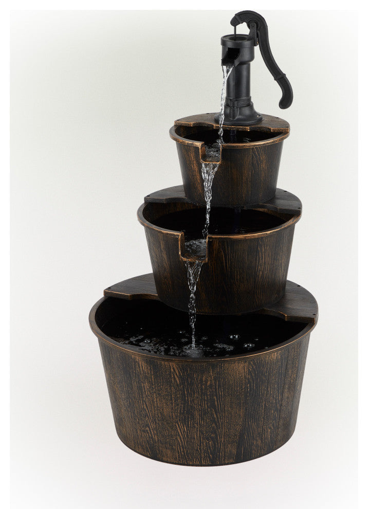40" Tall Outdoor 3-Tier Barrel Pump Waterfall Fountain, Brown