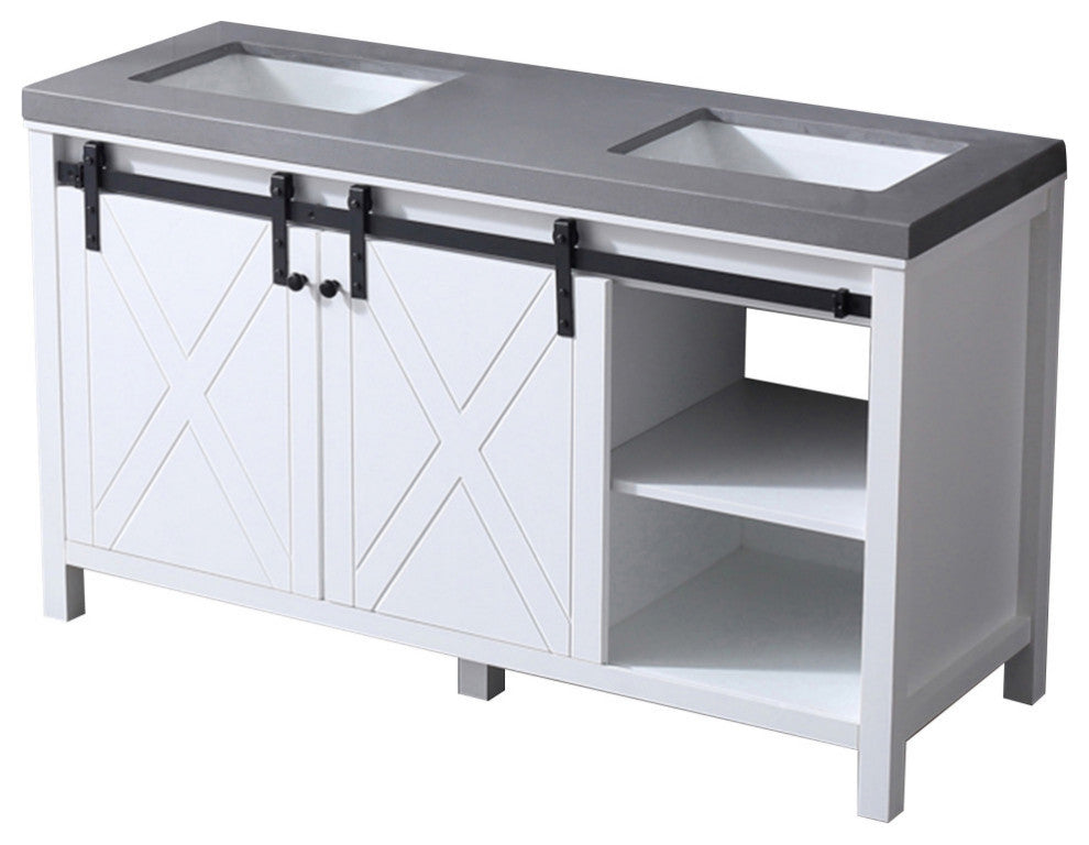 Marsyas 60" White Double Vanity, Gray Quartz Top, White Sinks, No Mirror