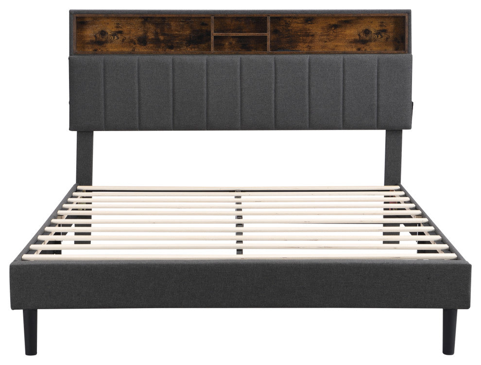 TATEUS Upholstered Platform Bed With Storage Headboard and USB Port, Gray, Queen