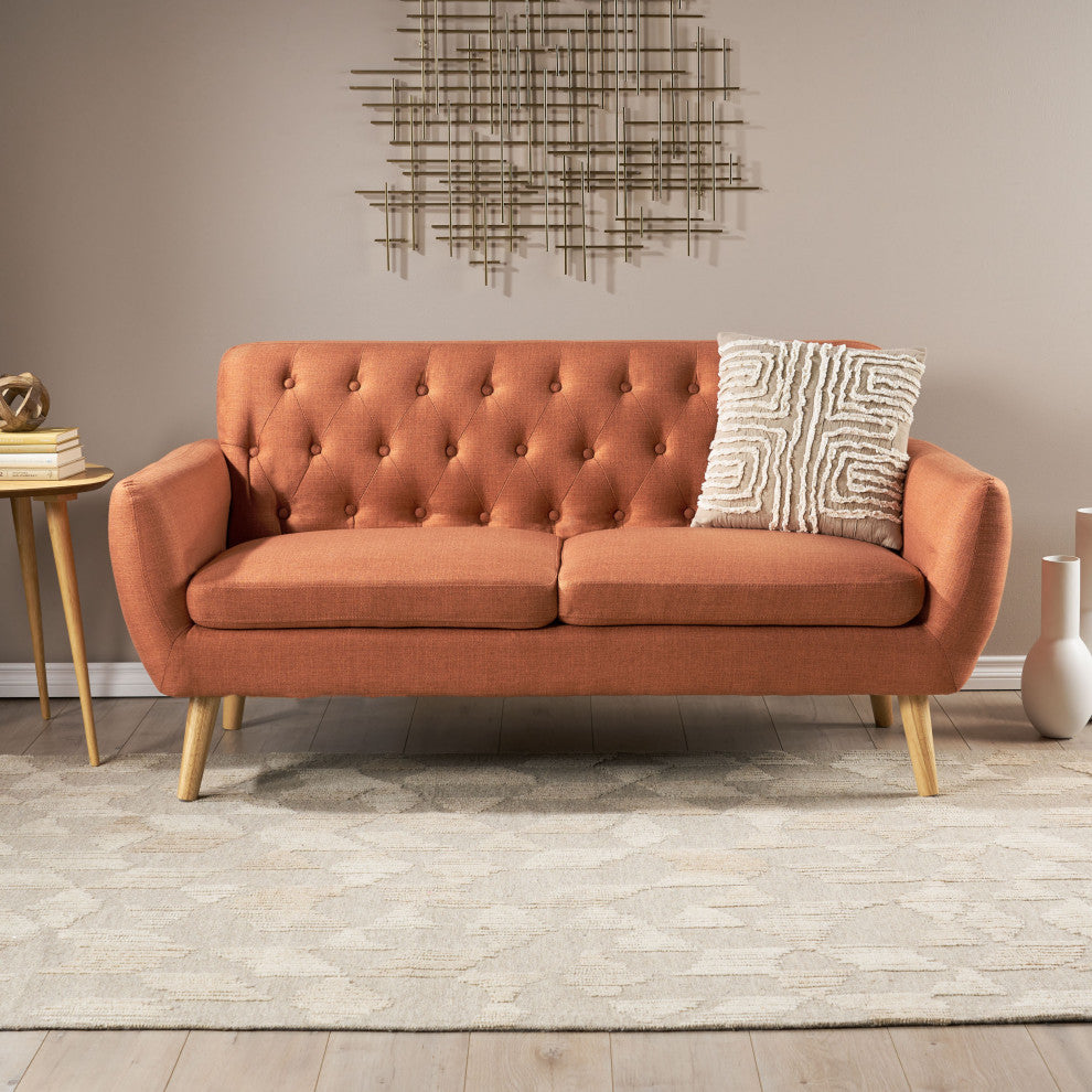 GDF Studio Eunice Petite Mid Century Modern Tufted Fabric Sofa, Burnt Orange