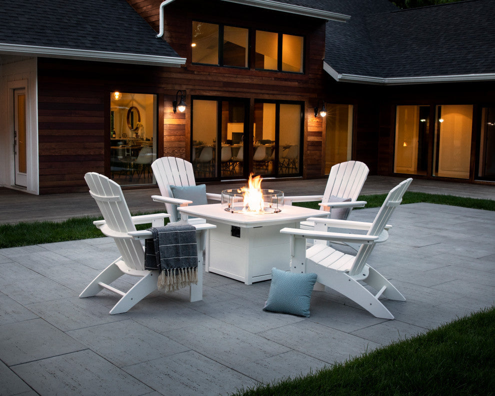 Nautical Curveback Adirondack 5-Piece Conversation Set With Fire Table, Sand