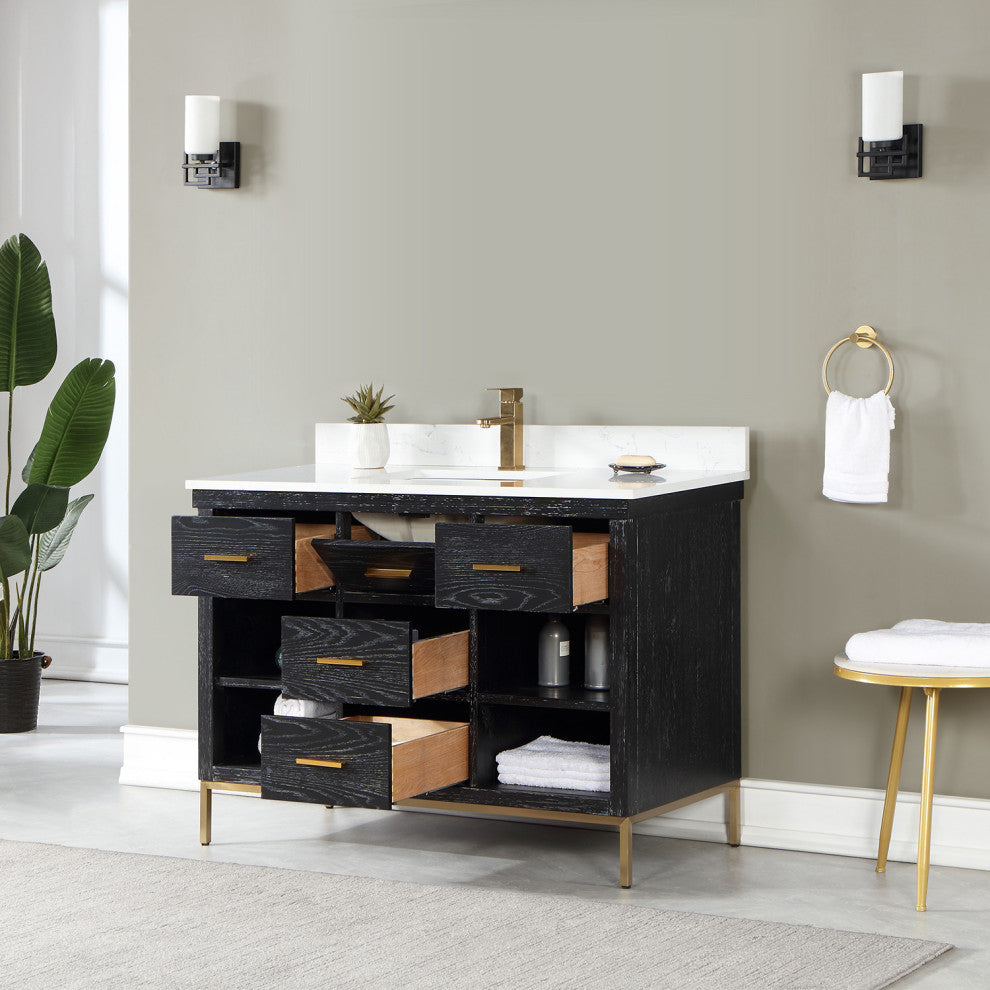 Kesia Black Oak Bathroom Vanity Set, 48", Without Mirror