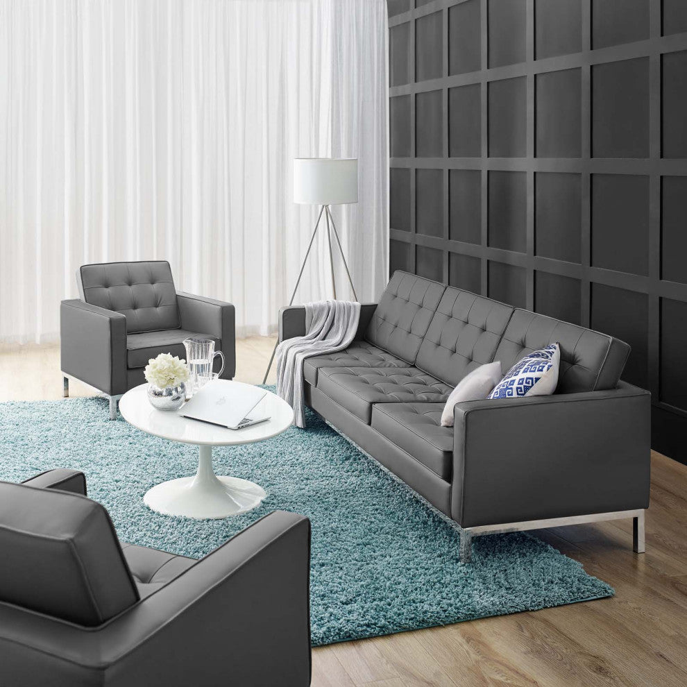 Tufted Armchair and Sofa Set, Faux Leather, Silver Gray, Modern, Lounge