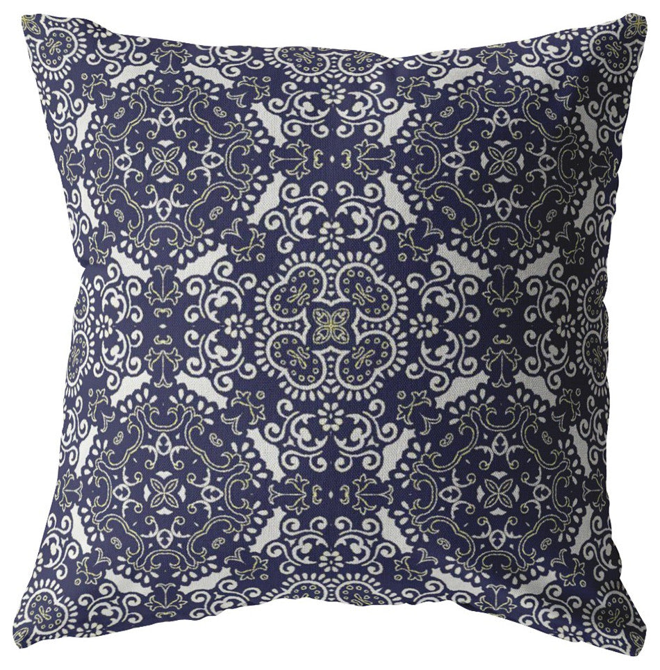 16" Navy Boho Pattern Decorative Suede Throw Pillow