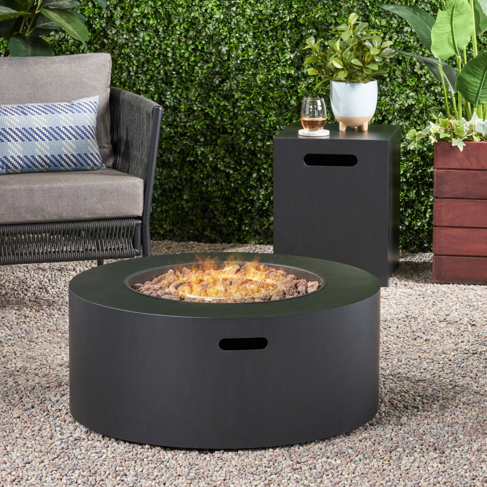 Hemmingway Outdoor Round Fire Pit With Tank Holder, Dark Gray Finish