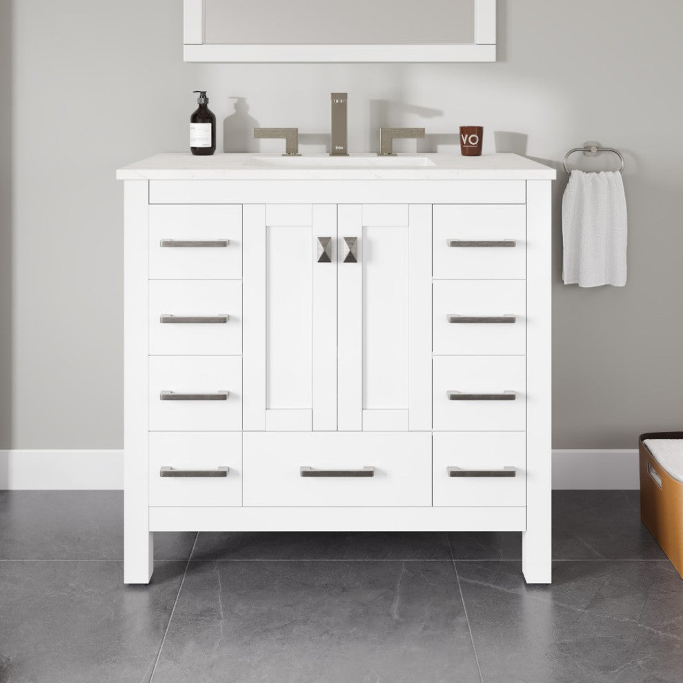 Eviva Hampton 36"W White Bathroom Vanity With White Carrara Quartz Countertop