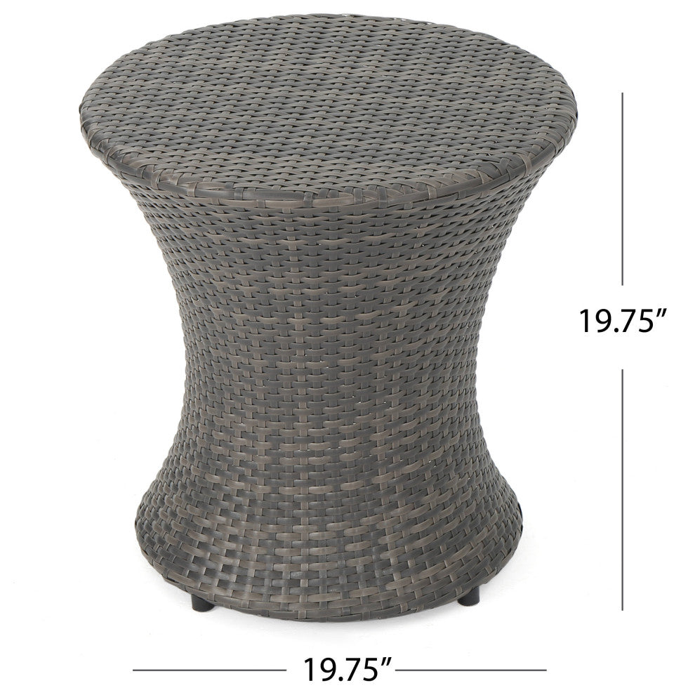 GDF Studio 3-Piece Alfheimr Outdoor Gray Wicker Stacking Chair Chat Set, Hour Glass Table