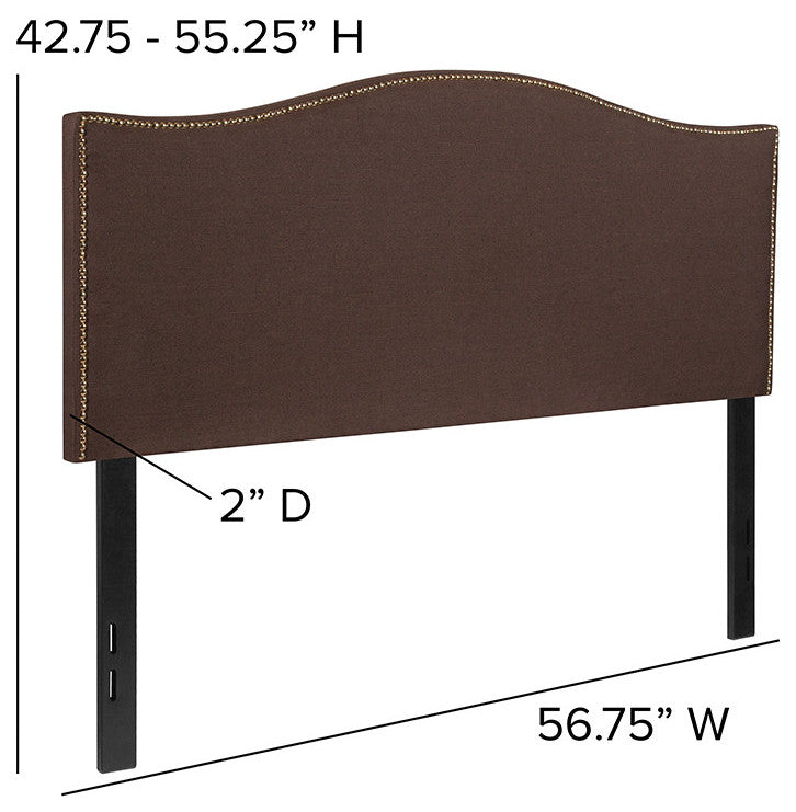 Upholstered Full Size Headboard With Decorative Nail Trim in Dark Brown Fabric