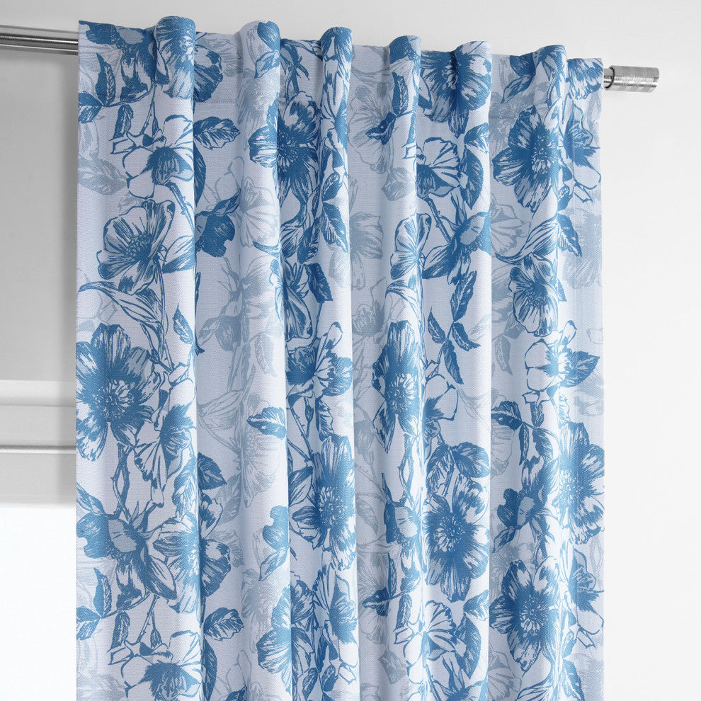 Blue Poppy Printed Linen Textured Room Darkening Curtain Single Panel, 50"x108"