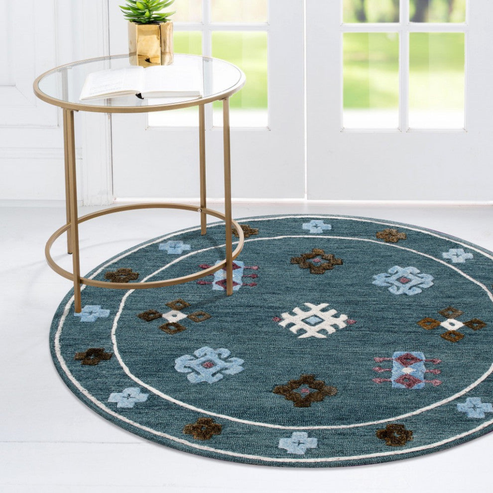 7" Round Blue Bordered Motif Area Rug