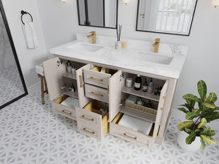 Boston 60" Double Bathroom Vanity in Fine Grain 2" Carrara Marble
