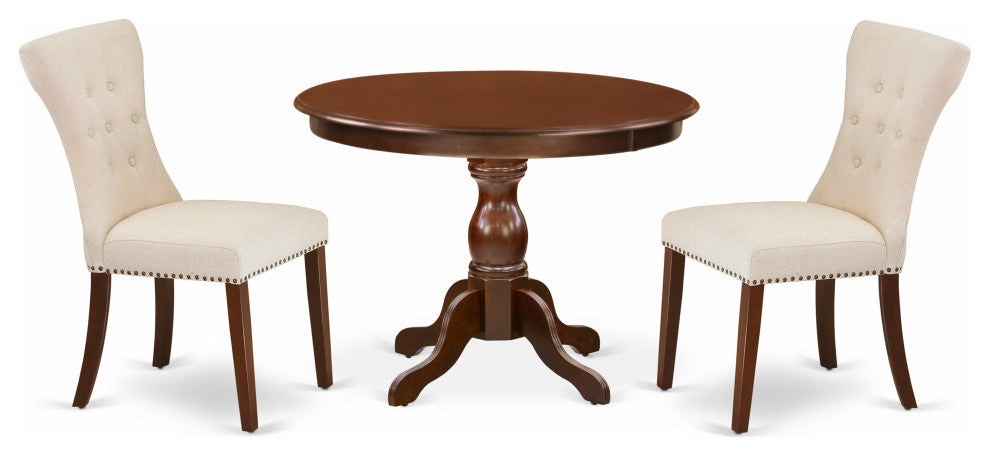 3Pc Kitchen Set, Mahogany Round Dining Table, 2 Light Beige Dining Chairs Back