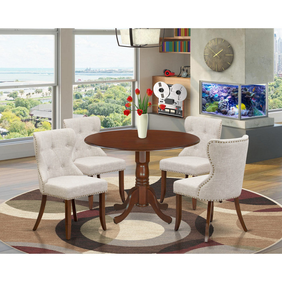 A Dining Set Of 4 Kitchen Chairs, Two 9" Drop Leaf Round Table, Mahogany Finish
