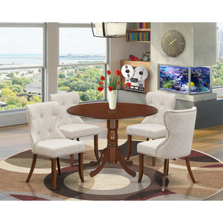 A Dining Set Of 4 Kitchen Chairs, Two 9" Drop Leaf Round Table, Mahogany Finish