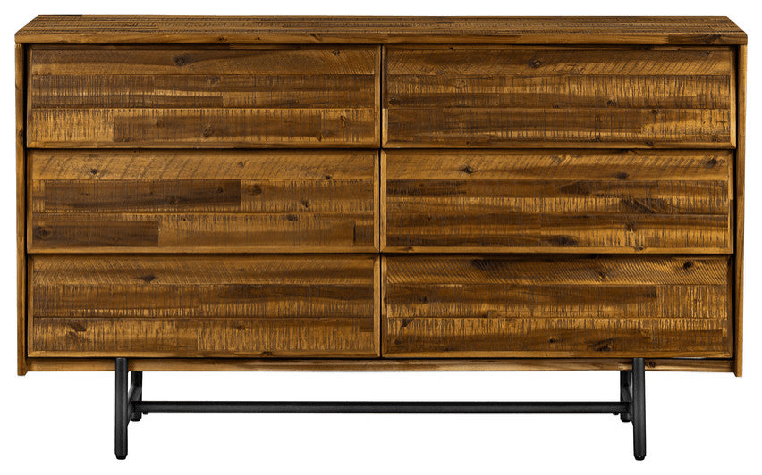 57" Brown and Black Solid Wood Six Drawer Double Dresser