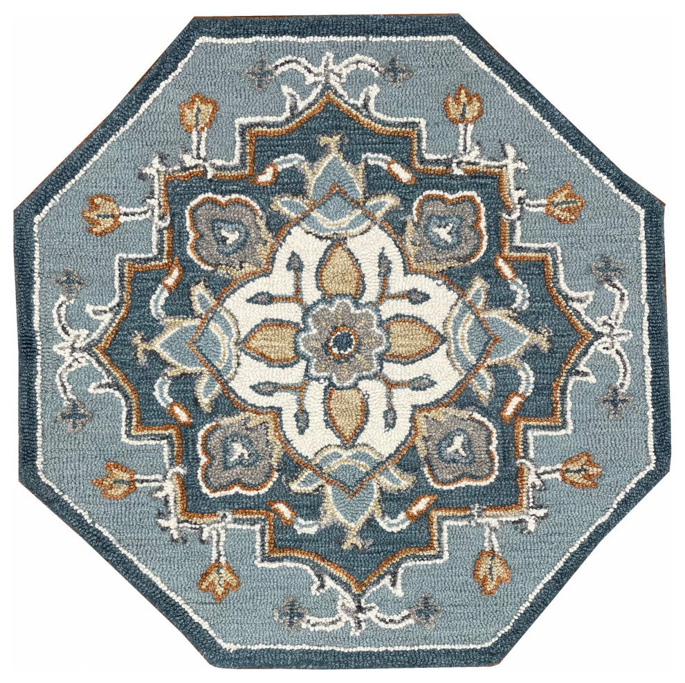 5' Blue And Ivory Round Wool Hand Hooked Handmade Area Rug