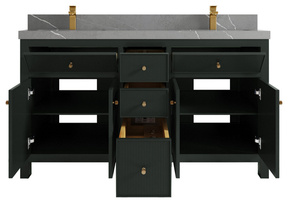 Sonoma 60 Double Sink Reeded Bathroom Vanity in Dark Forest Green 2" Piatra Gray