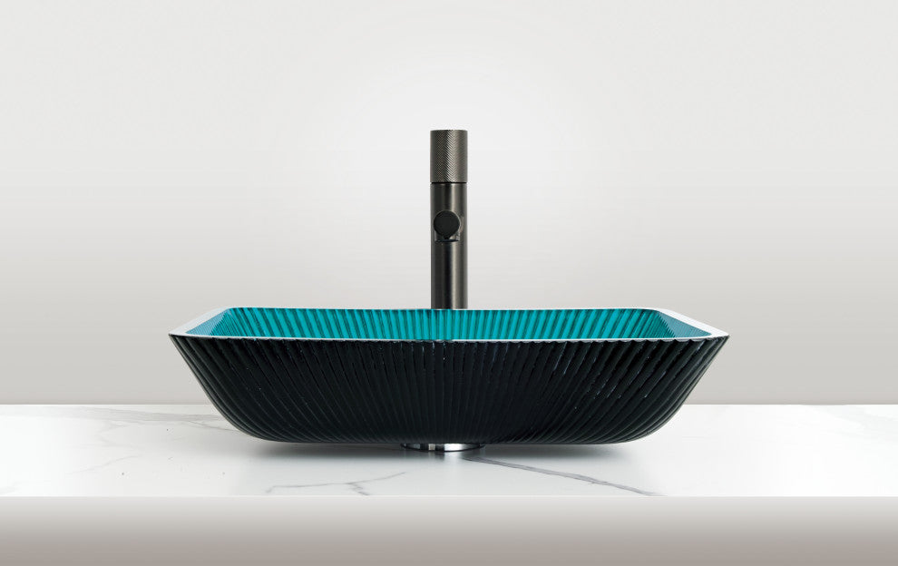 CastelloUSA Arete Rectangular Tempered Glass Vessel Sink Basin, Aqua Blue