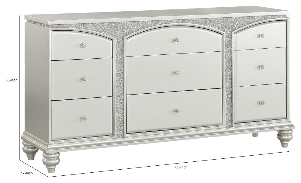 Benzara BM204550 9 Drawer Wooden Dresser With Rhinestone Inlays, Silver