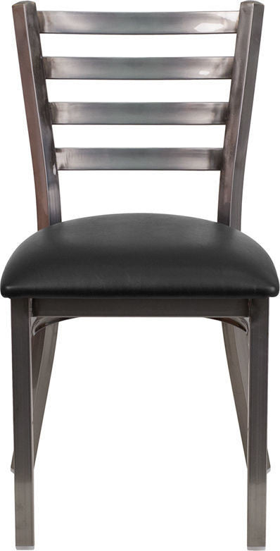 Clear Coated Ladder Back Metal Restaurant Chair, Black Vinyl Seat
