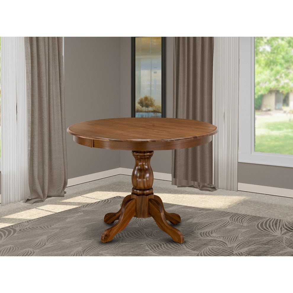 Dining Table, Acacia Walnut Color Top Surface, Asian Wood Table Pedestal Legs
