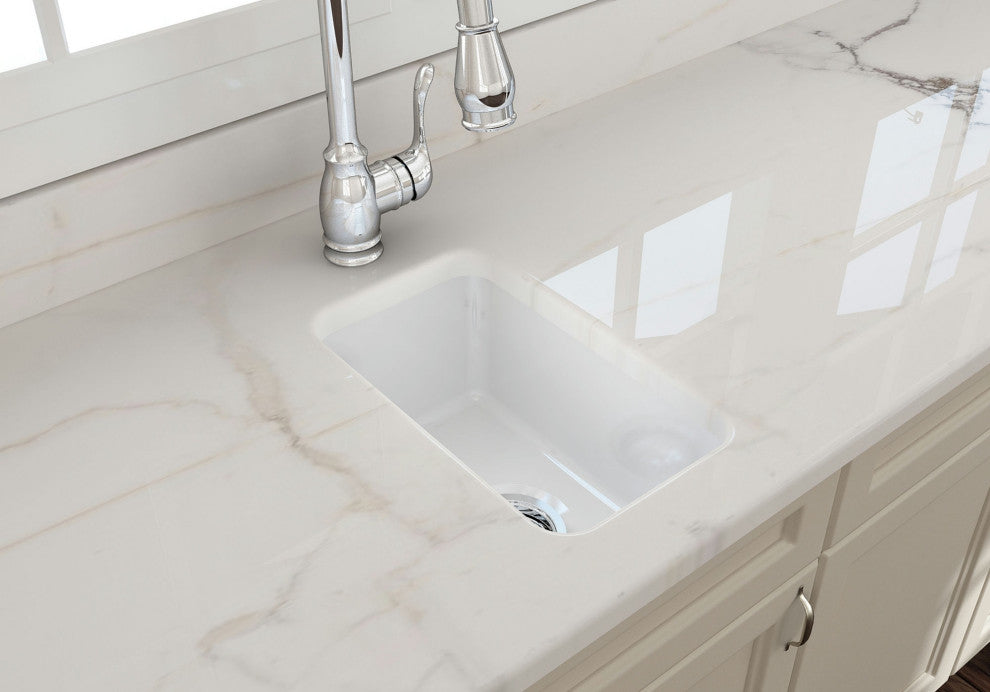 Sotto Dual-mount Fireclay 12" Single Bowl Bar Sink with Strainer in White