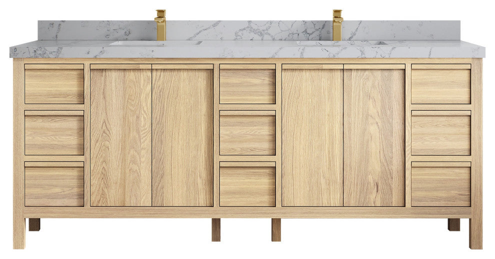 Elizabeth Oak 84" Double Sink Vanity, White 2" Venatino Quartz