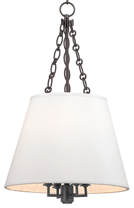 Burdett, Four Light Pendant, Old Bronze Finish, White Faux Silk Shade