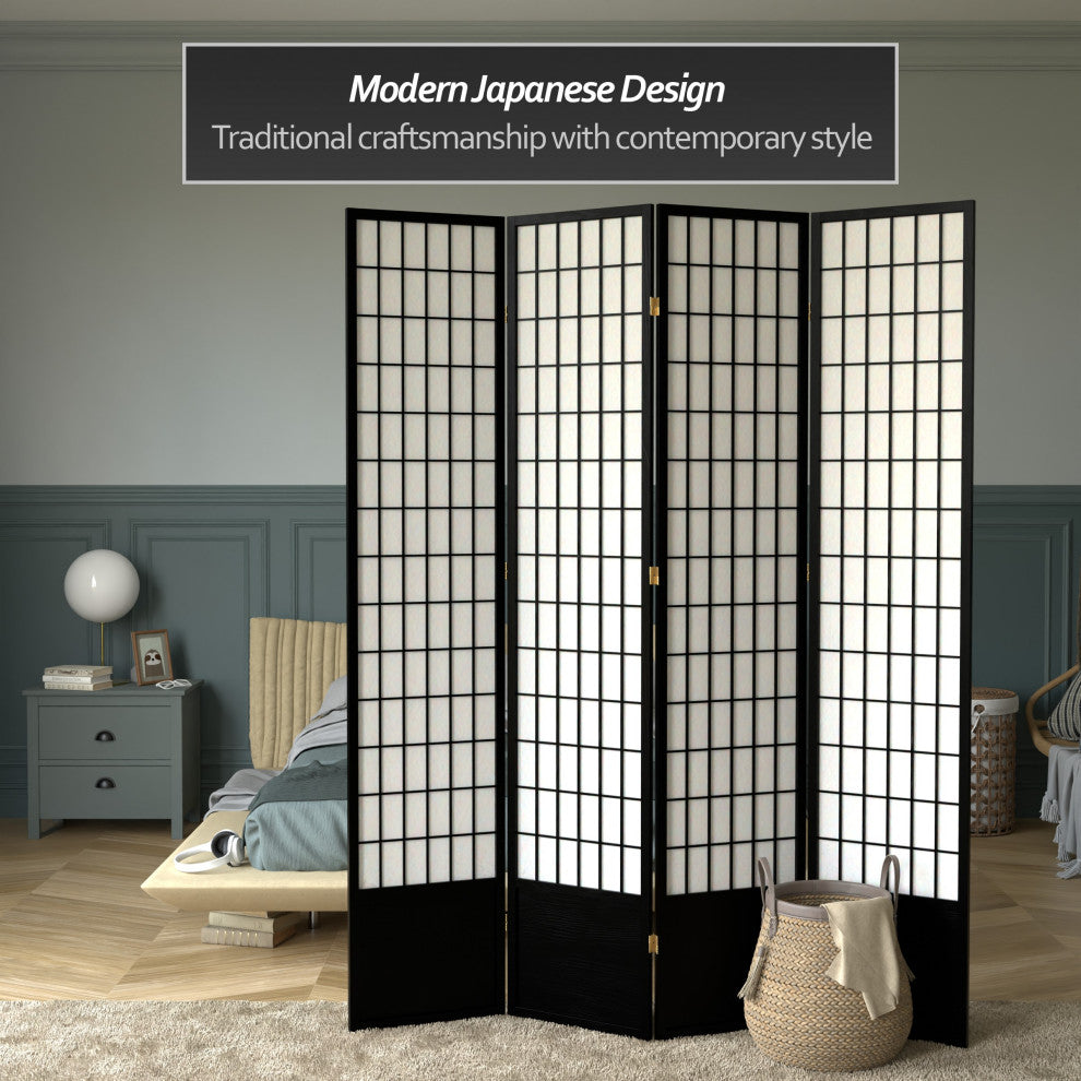 7' Tall Window Pane Shoji Screen, Black, 4 Panels