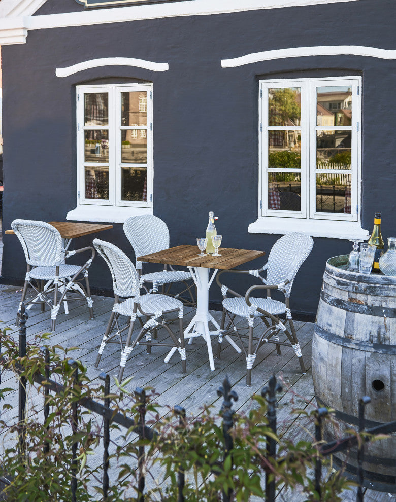 Nicole Outdoor Cafe Table, White Base, 28" Square Teak Top