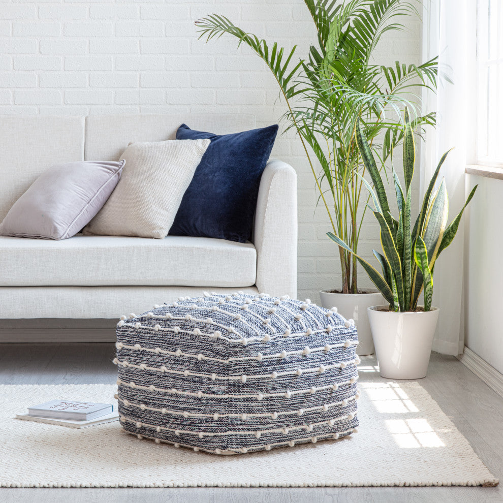 Malibu 22" x 22" x 16" Blue and Ivory Pouf