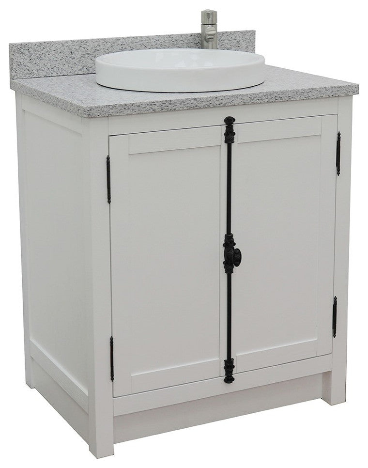 30" Single Vanity, Glacier Ash, Gray Granite Top, Round Sink