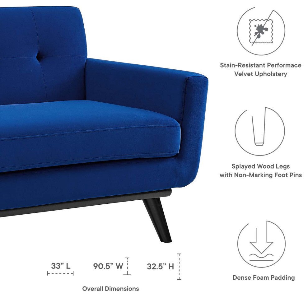 Sofa, Blue Navy, Velvet, Modern, Mid Century Living Hotel Lounge Cafe Lobby