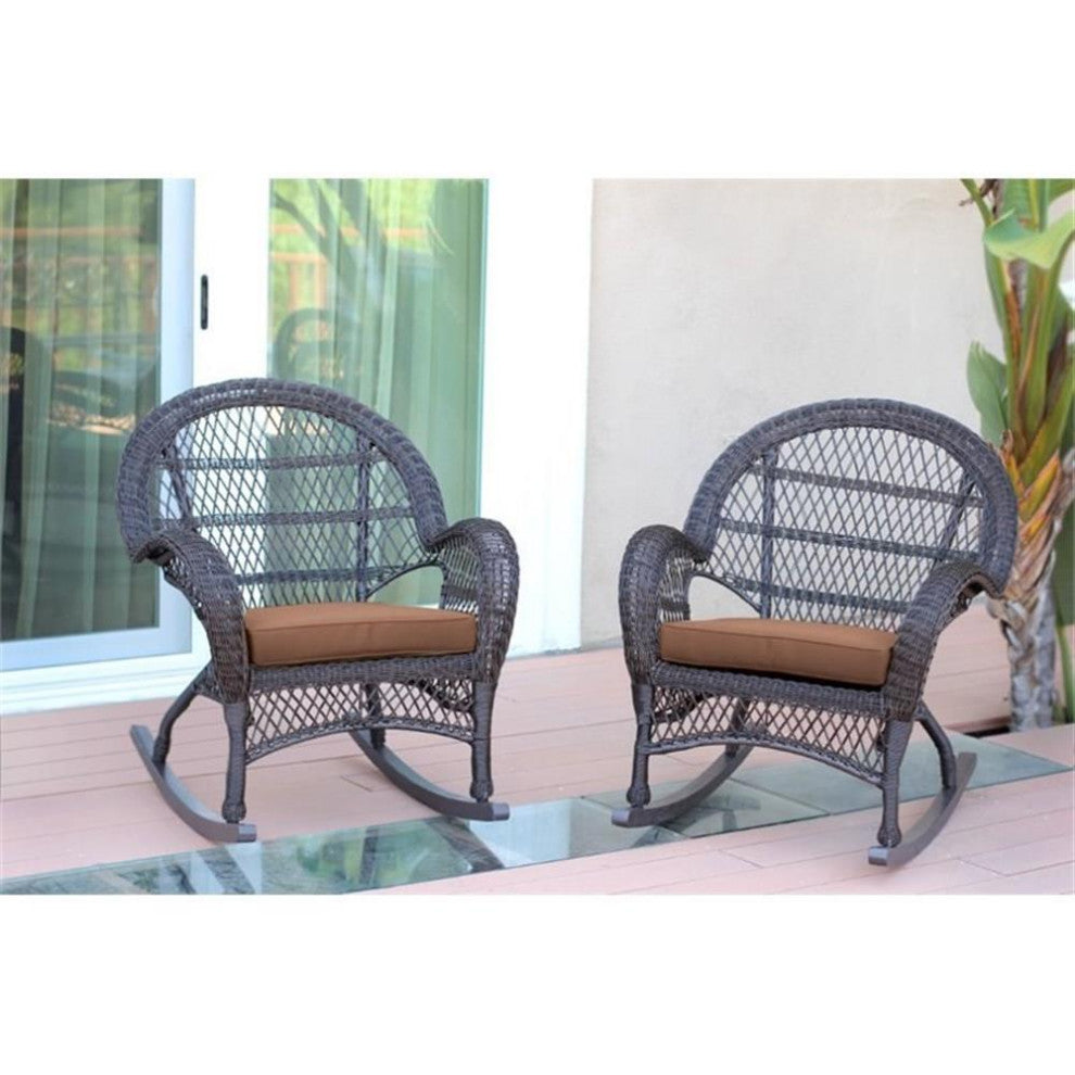 Jeco Wicker Rocker Chair in Espresso with Brown Cushion (Set of 2)